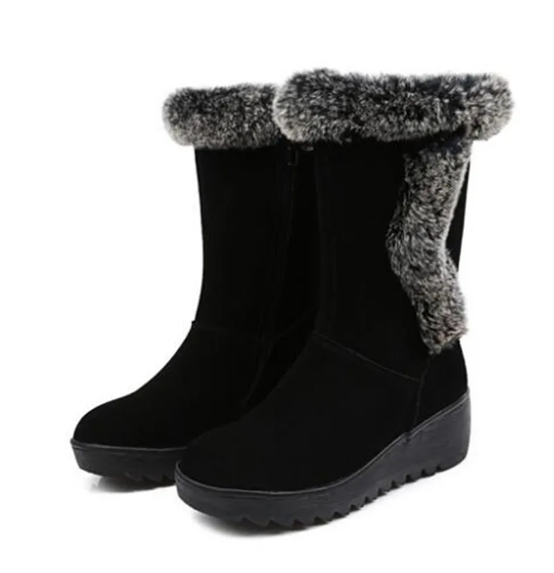 New Rabbit Fur Decoration Scrub Cowhide Leather Boots In-bube Boots Women Shoes Boots Warm Shoes Flat Wedges Non-slip Snow Boots