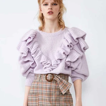 

YAMDI solid purple runway sweater women ruffle chic loose 2020 spring winter thick knitted jumper sweater vintage pollover femme
