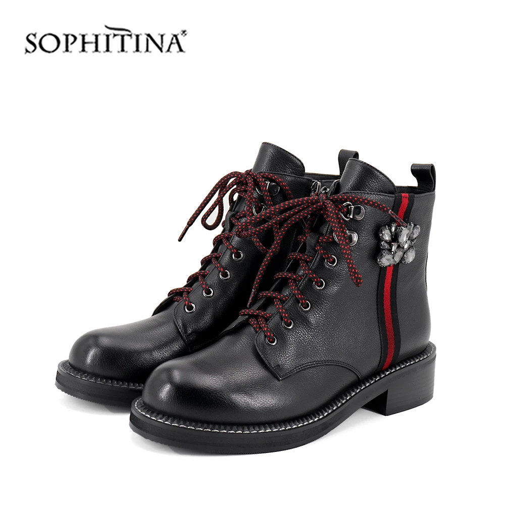 SOPHITINA/модные ботинки на шнуровке из высококачественной натуральной кожи; удобная обувь на квадратном каблуке с украшением в виде кристаллов; ботильоны; C415