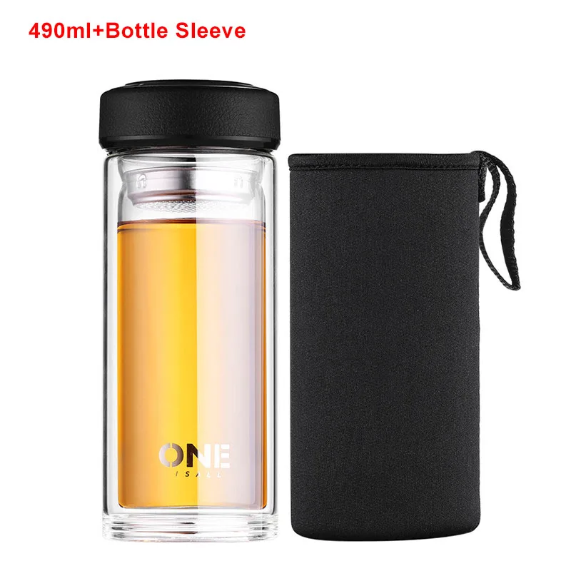 Стеклянная бутылка для воды с двойными стенками и ситечком для заварки чая, портативные дорожные кофейные бутылки, фильтр, посуда для напитков для офиса, чайный горшок - Цвет: Black-leather-490ML