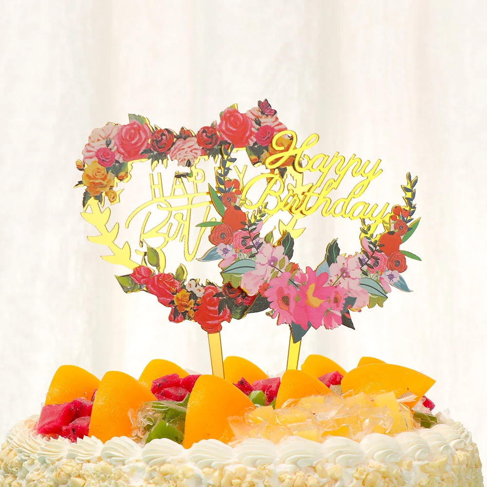 Flowers Happy Birthday Cake Topper Golden Acrylic Birthday Party Dessert Decoration For Wedding Baking Supplies Diy Gifts Cake Decorating Supplies Aliexpress