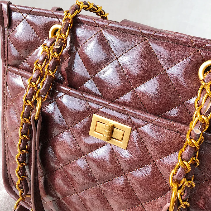 

Rhombus Lock Oil Wax Leather Generous Bag Large Capacity Shoulder Oblique WOMEN'S Bag