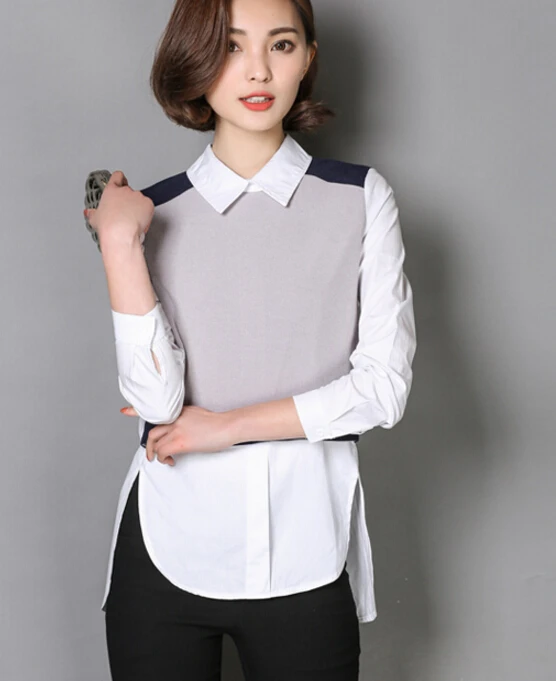 2019 New Arrival Plus Size S-XXL Loose Peter Pan Collar Fake Two Pieces Color Block Woman Long Cotton Blouse | Женская одежда