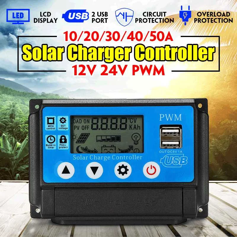 PWM солнечный контроллер заряда 10A/20A/30A/70A/50A двойной USB ЖК-дисплей 12 В 24 В Авто Солнечная батарея для телефона авто регулятор зарядного устройства