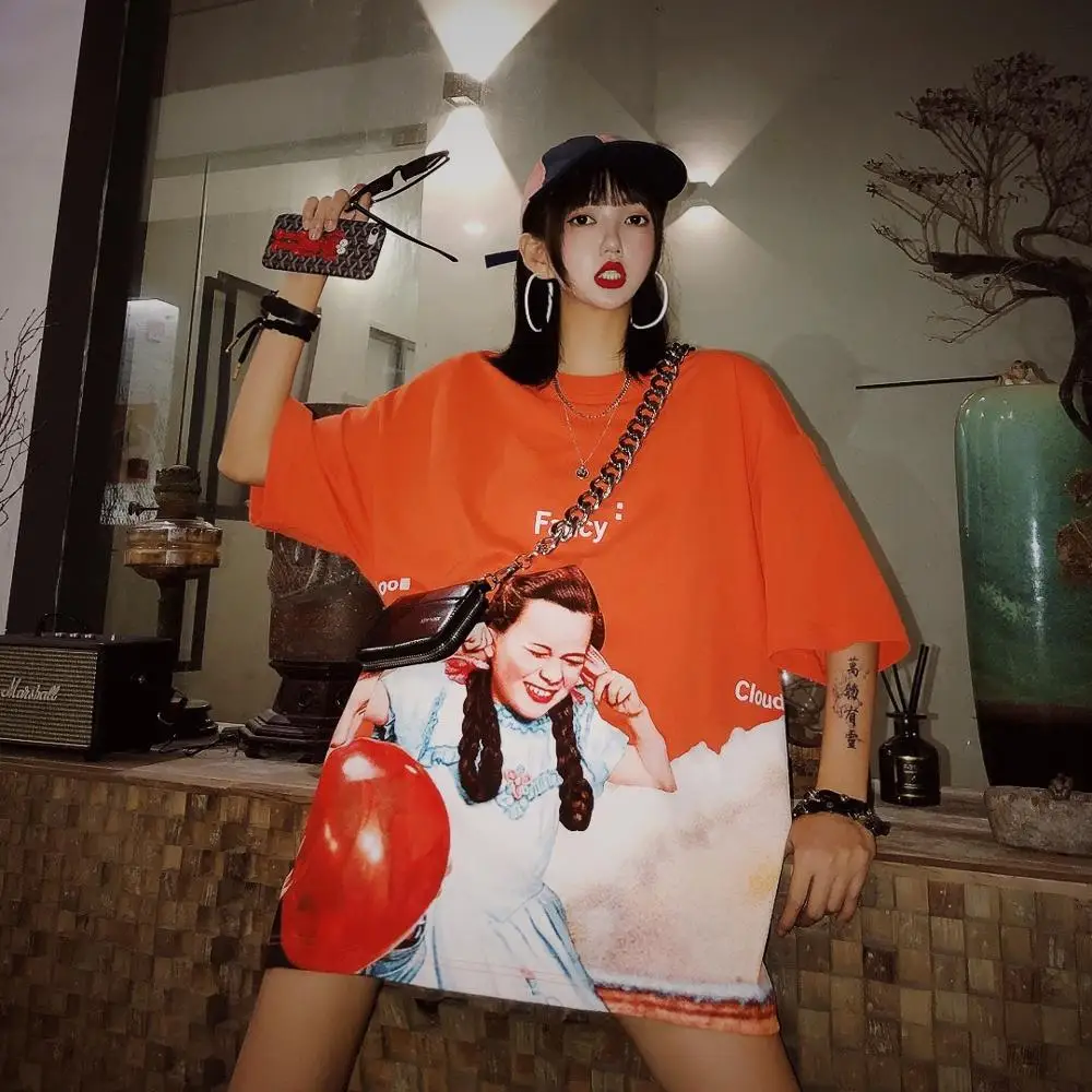

A New Type of Loose Top tees Hip-hop t-shirts Street Underwear with Missing Personality Orange BF Short Sleeve T-shirt