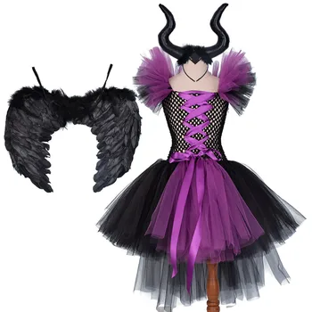 

Europe and America Children Halloween Dress Girls Gauze Skirts Maleficent Witch Formal Dress Containing Headband Set