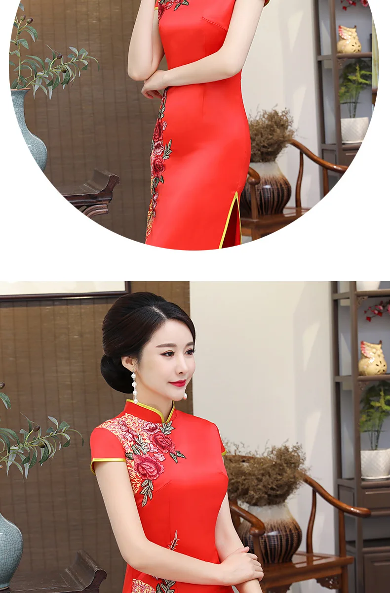 Cheongsam стиль Улучшенный Ретро Подиум среднего возраста этикет сценическая одежда Длинный разрез большой размер
