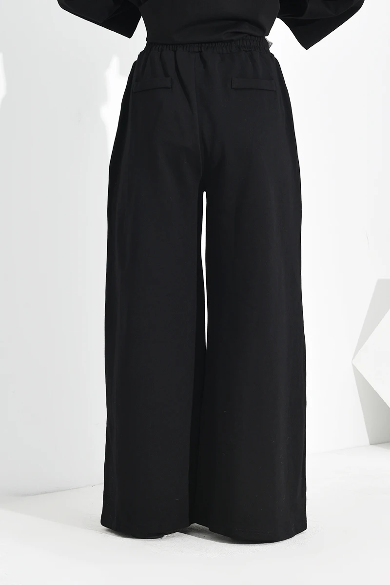 [EAM] Черные Полосатые длинные широкие брюки с высокой эластичной талией, новые свободные брюки, женские модные весенне-осенние 1D8300