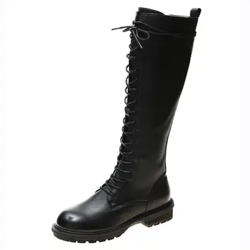 

Cow leather Women Knee High Boots thick low heels Ladies Boots Cross Tied Shoes Woman Brand Design ladies shoes