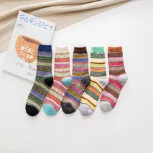5 пар, женские носки в винтажном стиле, толстые шерстяные носки в полоску, сохраняющие тепло, хлопковые вязанные разноцветные зимние носки для женщин, Chaussette Femme