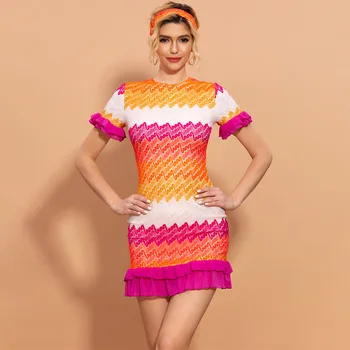 

Summer 2020 Mini dress women's wave stripes contrast color fashion ruffled short sleeve dress Sexy Elegant evening party dress