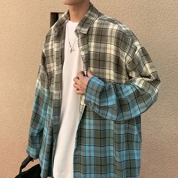 

Men's shirt 2020 spring new slim gradient tartan print long-sleeve shirt loose leisure personality youth men's wear