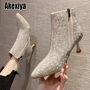 

Fashion Bling Crystal Women Boots Square Heels Shoes Sexy Pointed Booties Thick Heel Night Club Party Boots p687