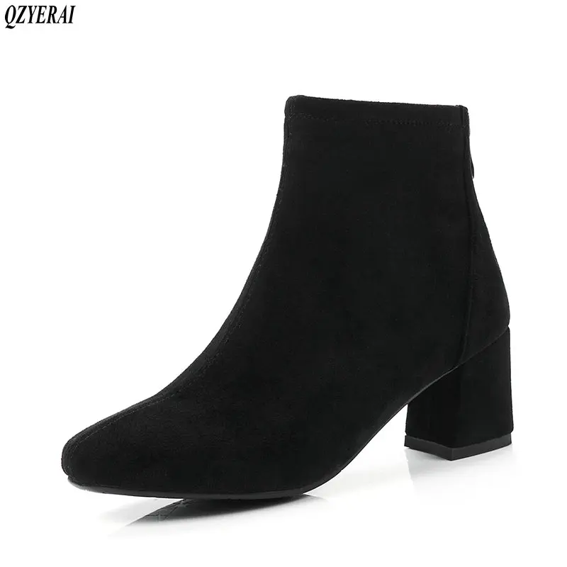 

2019 Women Boots Sock Boots Knitting All Match Pointed Toe All Match Platform Slip on Women Mid Calf Boots Size 34-43