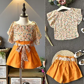 

CANIS Summer 2Pcs Kids Baby Girl Short Sleeve Floral Printed Tops T-shirt Suspender Skirt Dress Outfits Clothes