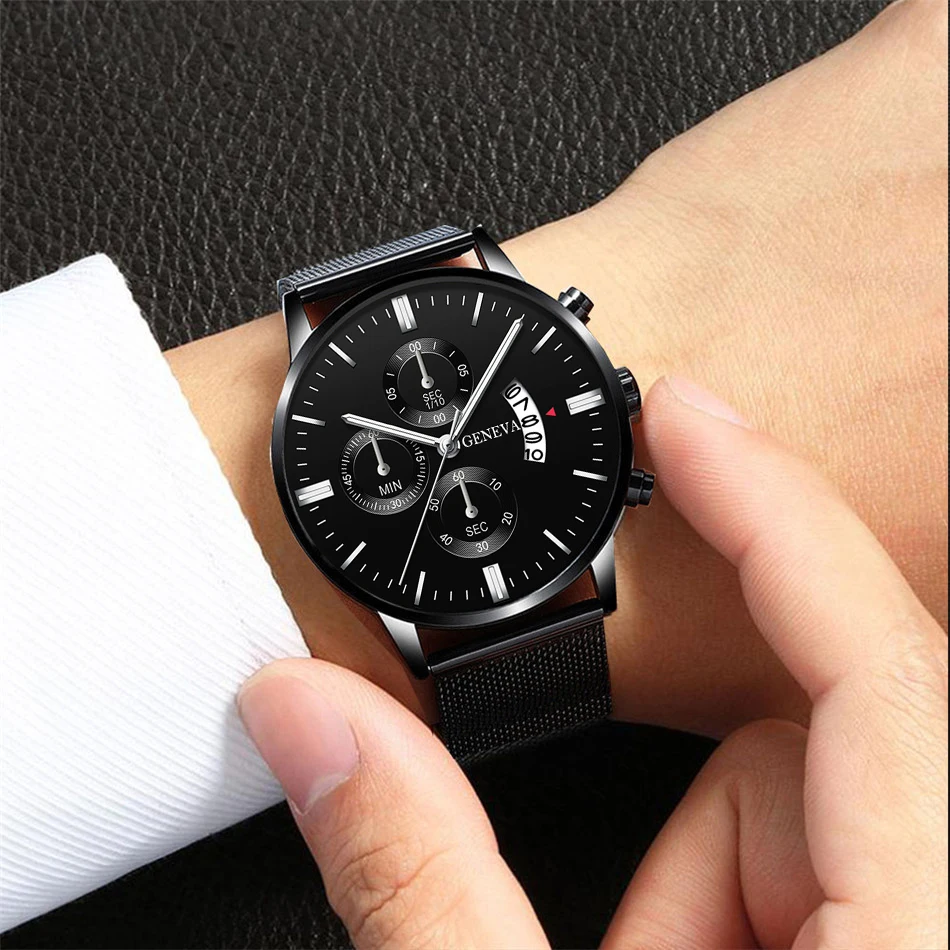 Fashion Mens Sports Watches Luxury Men Stainless Steel Mesh Belt Watch Male Business Quartz Wristwatch Leather Bracelet Clock