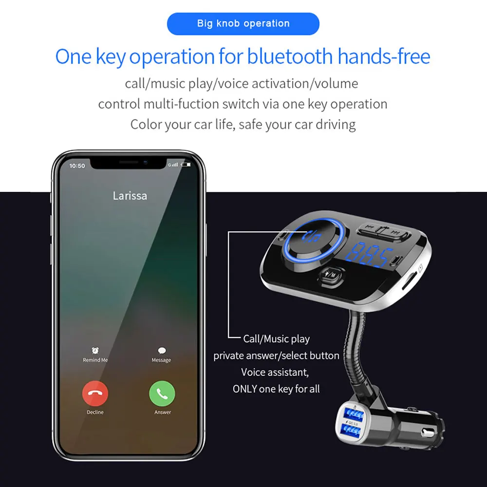 Автомобильный Bluetooth 5,0 плеер FM передатчик QC 3,0 Быстрая зарядка красочный атмосферный светильник дисплей MP3 Громкая связь вызов двойной USB