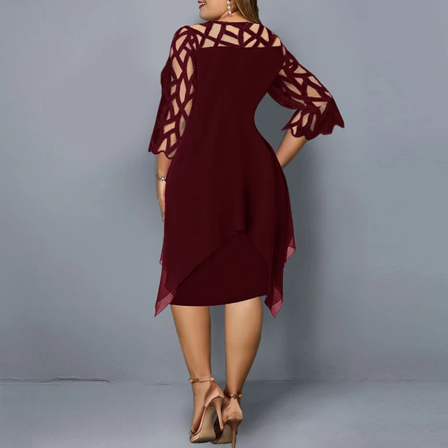 Plus Size Women Mesh Black Wine Red purple Midi Dress 2