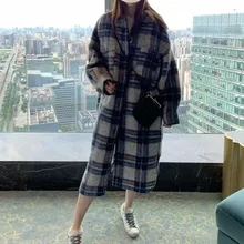 Женское клетчатое шерстяное пальто с отложным воротником, однобортное Свободное длинное пальто, осенняя зимняя куртка