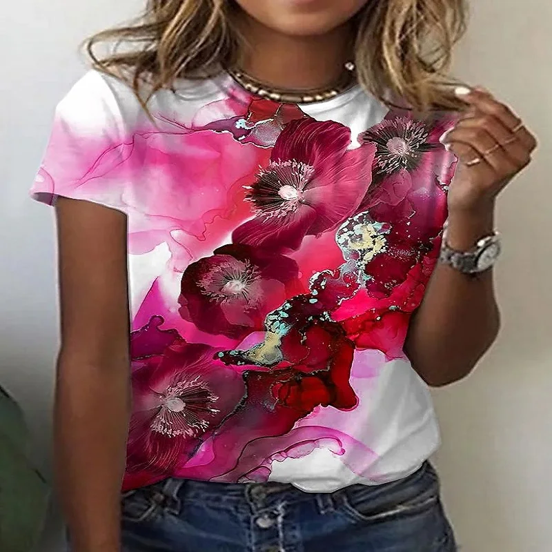 

2022 New Red Flower Fashion Casual Style Women's T-Shirt Summer Short Sleeve Casual Top Women