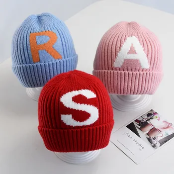 

New Baby boy girl hats Autumn and winter children's wool hat small children's letter knit hat baby warm earmuffs kids beanies