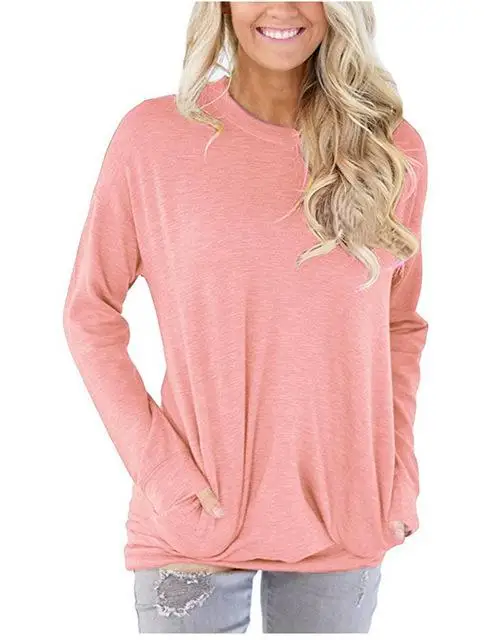 Новое поступление, горячая распродажа, женская футболка, весна-осень, модная футболка с карманами, женская футболка с длинным рукавом, зеленый, розовый цвет, топы, футболка - Цвет: Розовый