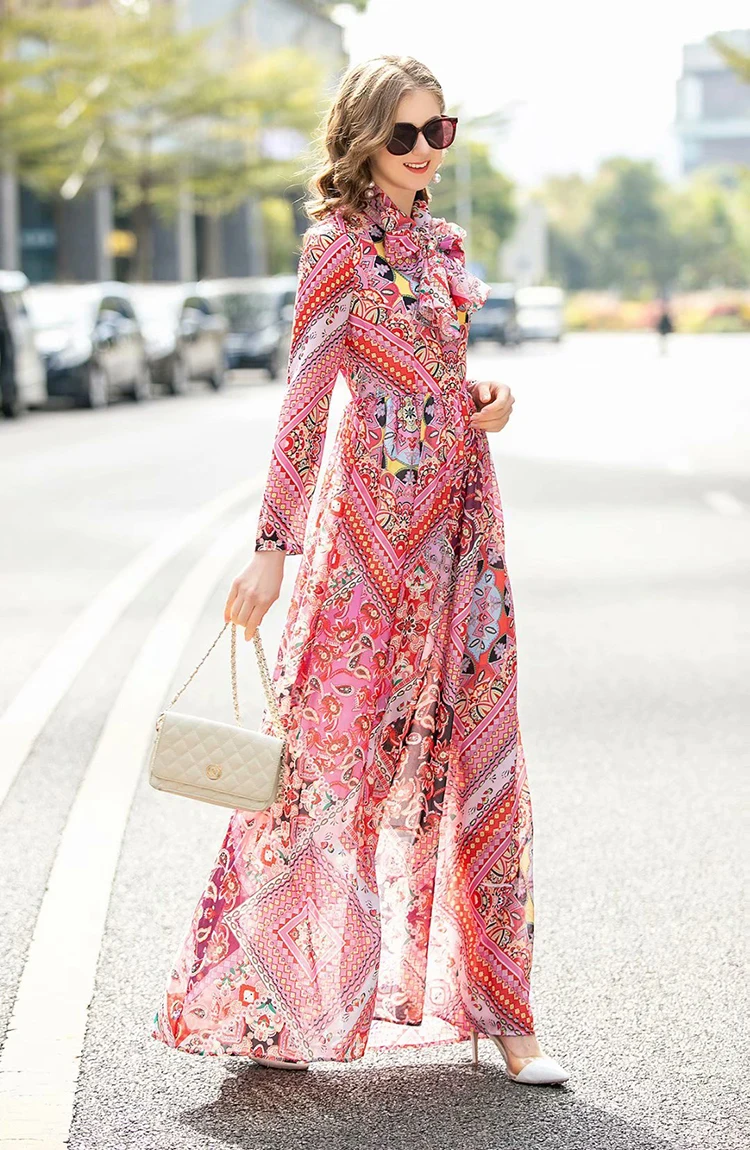 AELESEEN новые модные макси платья с длинным рукавом для женщин длина до пола Boho пляж Великолепный цветочный принт длинное платье с шарфом