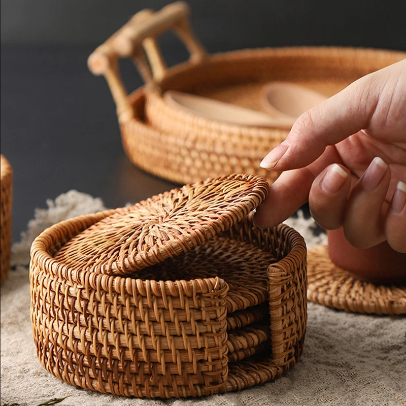 6Pcs/ Drink Coasters Set For Kungfu Tea Accessories Round Tableware Placemat Dish Mat Rattan Weave Cup Mat Pad Diameter 10Cm