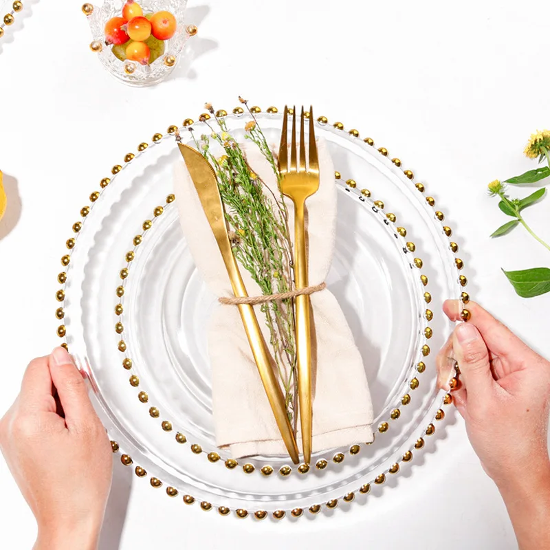 Изысканная Фруктовая тарелка, стеклянная тарелка для стейка, золотые столовые приборы с серебряным краем, перламутровые тарелки для торта, западное блюдо, десертный поднос, столовая посуда