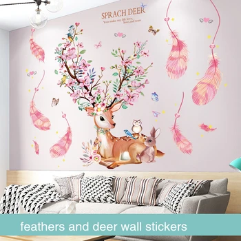 

[shijuekongjian] Pink Feathers Wall Stickers DIY Cartoon Deer Animal Wall Decals for Kids Rooms Baby Bedroom House Decoration