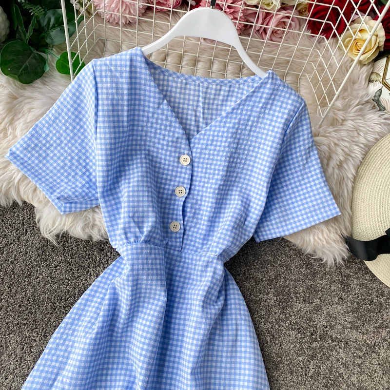 Teeuiear Slim Vintage V Neck Plaid Print Button Dress Slim ladies Summer Midi dress vestido de festa Party Women a-line Dresses