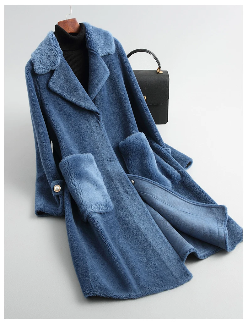 dark blue Новинка, Женское зимнее пальто из натурального меха, стрижка овец, Женская Повседневная теплая шуба из натуральной овечьей шерсти, длинное пальто большого размера - Цвет: dark blue