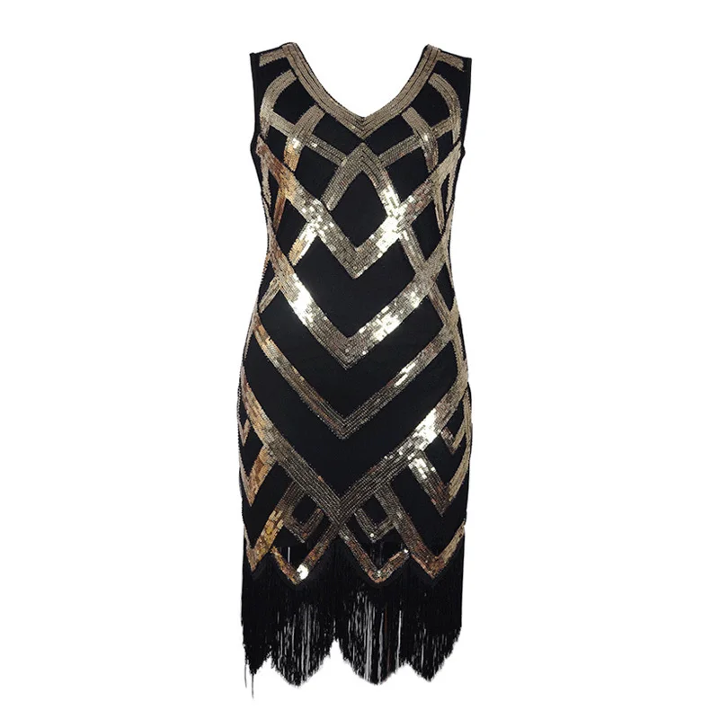 2018 Great Gatsby Dress Women Sequins Dress 1920 s Vintage Ballroom Gold Dresses Sexy Club V Neck tassels Beaded Party Dress (3)