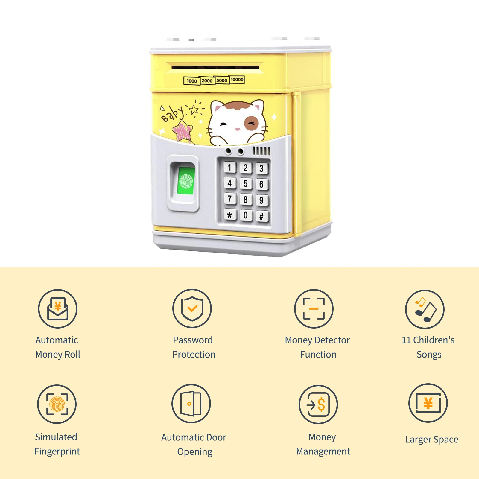 미니 ATM 세이빙 박스, 번호 시뮬레이션 지문 머니 뱅크, 현금 동전 자동 스크롤 페이퍼, 어린이 선물