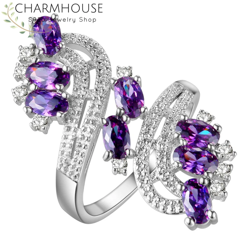 2 Charmhouse 925 пробы Серебряные кольца для Для женщин кубического циркония длинные кольцо “Цветок” с Bague Анель свадебные ювелирные украшения, подарки - Цвет основного камня: 2