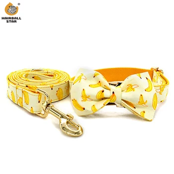 

Banana Pattern Cat And Dog Collar And Leather Tie Set Free Inscribed ID Gold Metal Buckle Chihuahua Pet Puppy Collars Belt