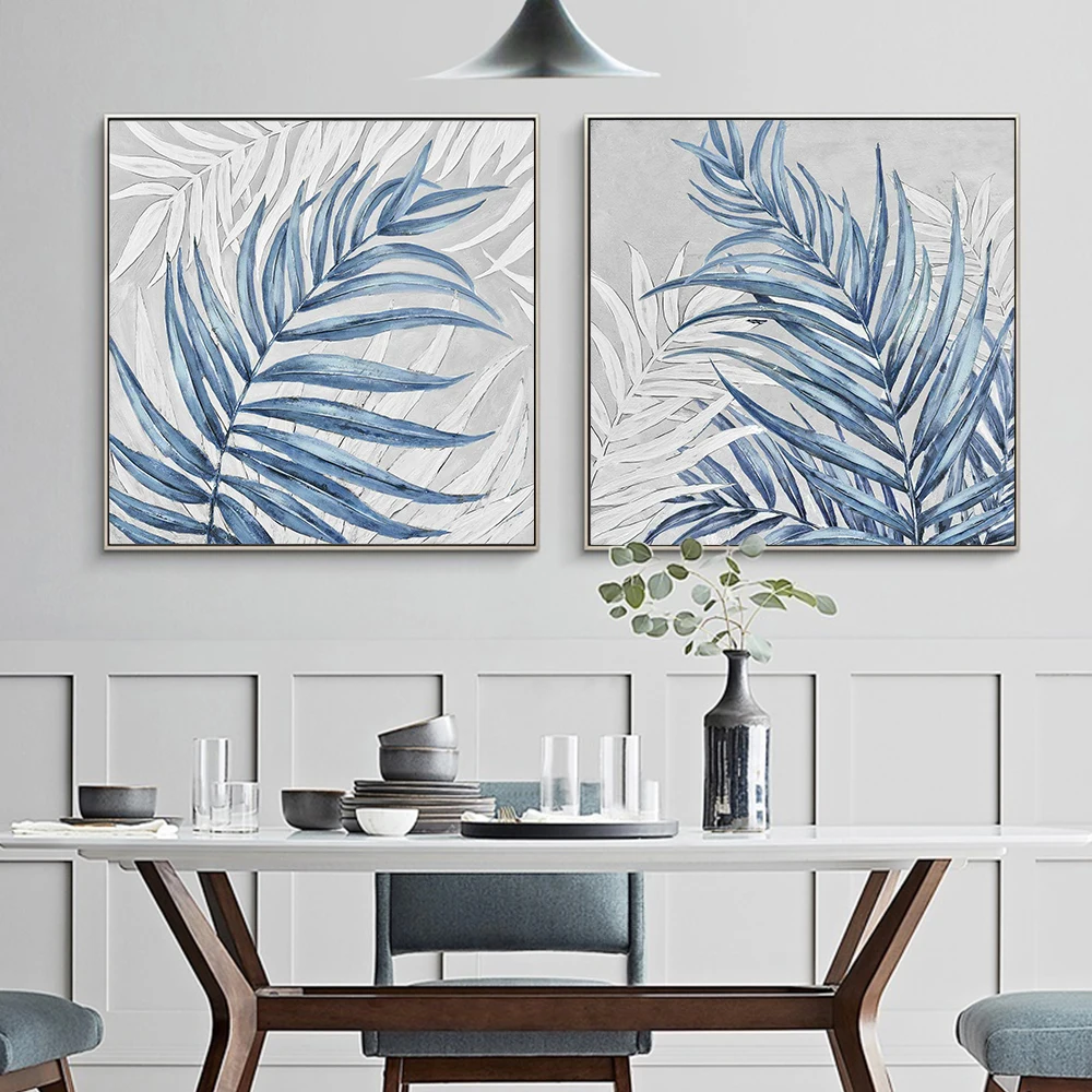

Abstract Green Blue With White Leaves Oil Painting 100% Hand Painted On Canvas Modern Plant Canvas Wall Art For Home Decor