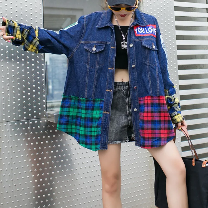 QING MO Women Plaid Patchwork Denim Coat Women Letter Print Irregular Coat Streetwear Style Coat Autumn ZQY1272