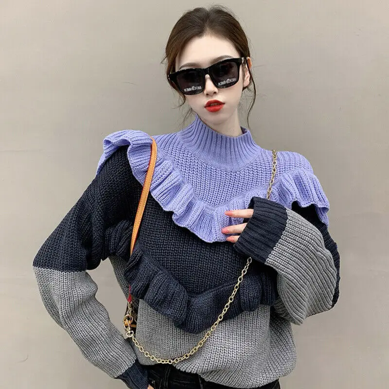 

Women Elegant Autumn Winter Female Knitted Sweater Fashion Ruffle Knitted Jumper Pullovers Streetwear Sweaters