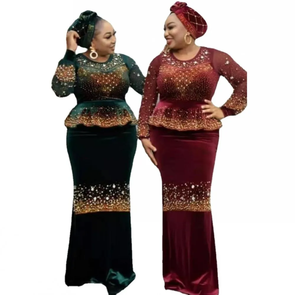 Velvet Autumn Winter Africa Clothing Muslim Long Maxi Dress African Dresses For Women Long Sleeve O-Neck Ms Robe New Fashion 3XL