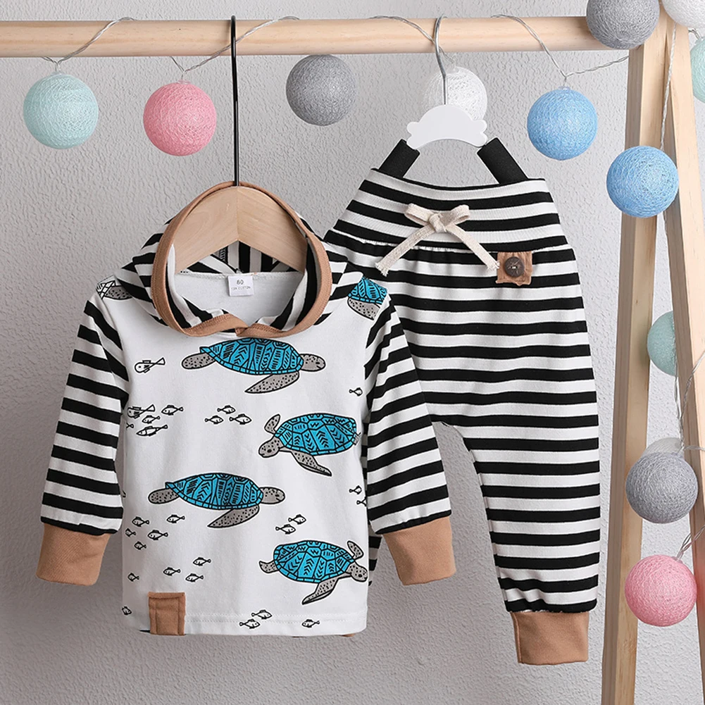 Kleinkind Baby Jungen Mädchen Herbst Hoodie Gestreifte Tops Lange Hosen Outfits Baby's Set Fashion Hooded Collar Unisex Outfit