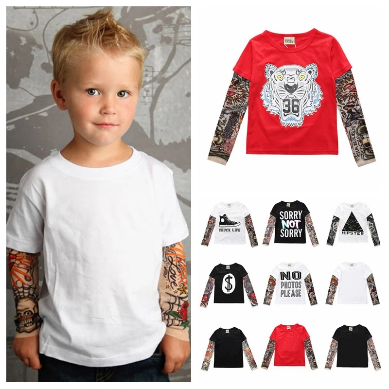 Модная детская одежда с принтом Футболки для маленьких мальчиков с татуировкой футболка для девочек детские топы, футболка с длинным
