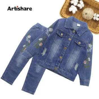 

Girls Clothes Sets Flower Embroidery Denim Jacket + Jeans 2pcs For Kids Girl Full Sleeve Kids Autumn Clothes 6 8 10 12 14 Year