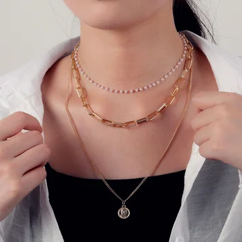 

Fashion Multilayer Chain Gold Choker Necklace Women Elegant Simple Pearl Pendant Necklace Carved Coin Necklace Jewelry 2020 New