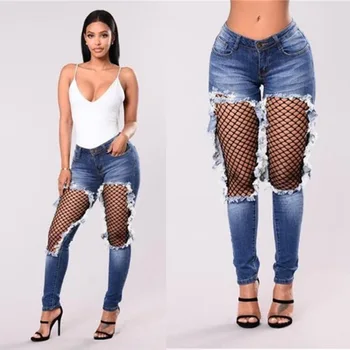 

Patchwork Jeans Hight Waist Women Ripped Jeans Fishnet Patchwork Dark Blue Denim Pants Pantalones Vaqueros Mujer Woman Jeans
