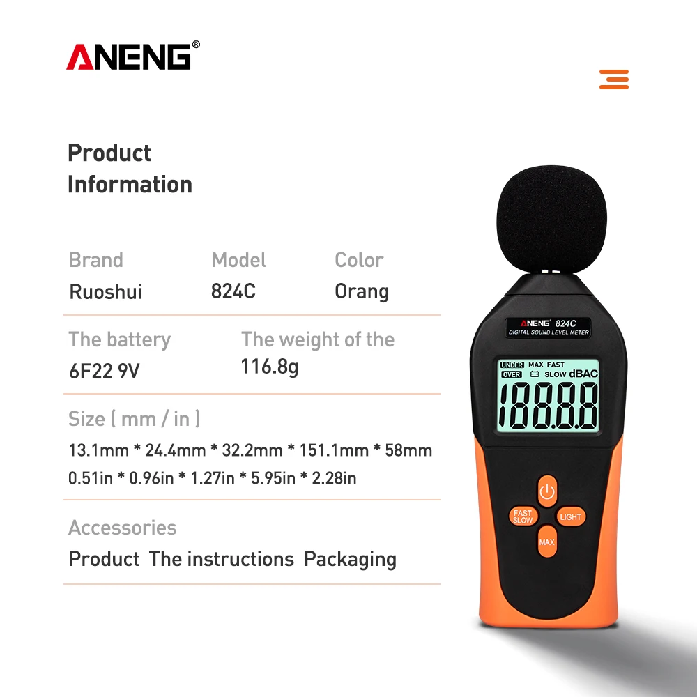 ANENG 824C цифровой измеритель шума уровня звука измеритель шума дБ метр децибел измерения 30-130DB