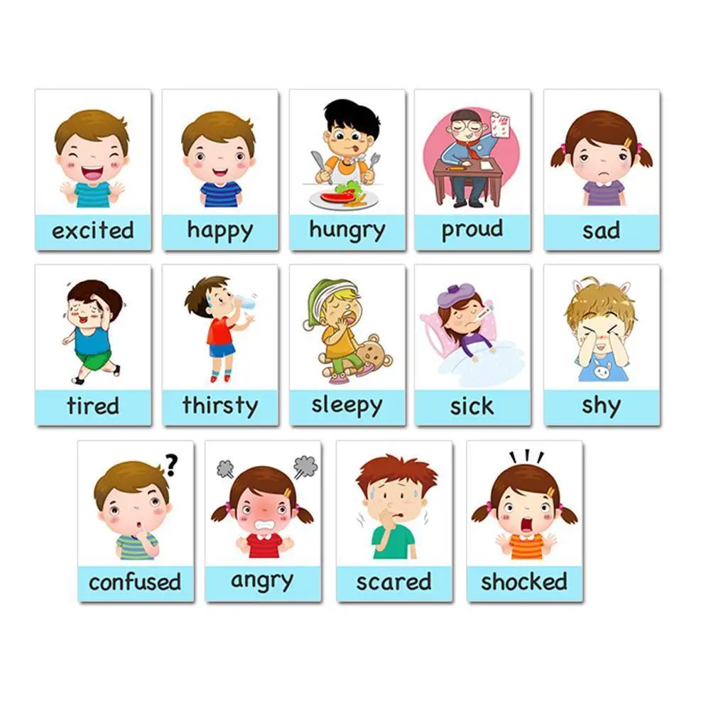 Tarjetas de aprendizaje de palabras en inglés para niños, 14 piezas, dibujos  animados, expresión emocional, tarjetas de memoria educativas tempranas| |  - AliExpress