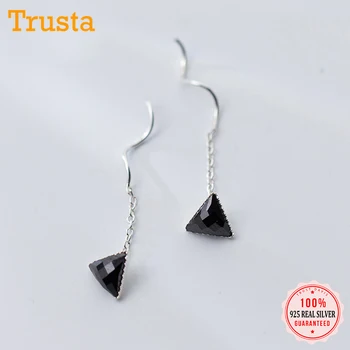 

Trusta Fashion 100% 925 Real Sterling Silver Stud Earrings Square Triangle 3.5cm Linked Drop Stick Girls Friends Gift DS629