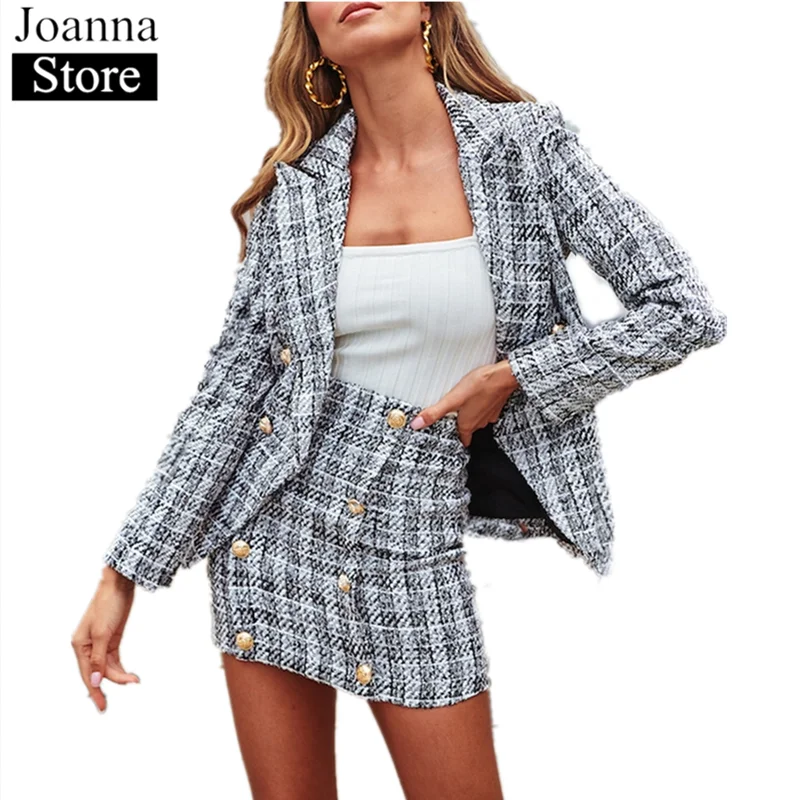 

Spring Women Two-Piece Plaid Set Long Sleeve Lapel Blazer Office Ladies Slim Mini Skirt Plus Size Elegant Vintage Blazer Suits