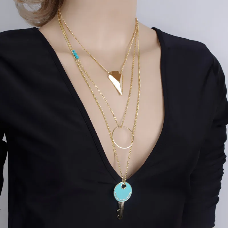 

role of xin Europe and the United States jewelry ebay drip key smooth triangle multilayer loops female lady's necklace